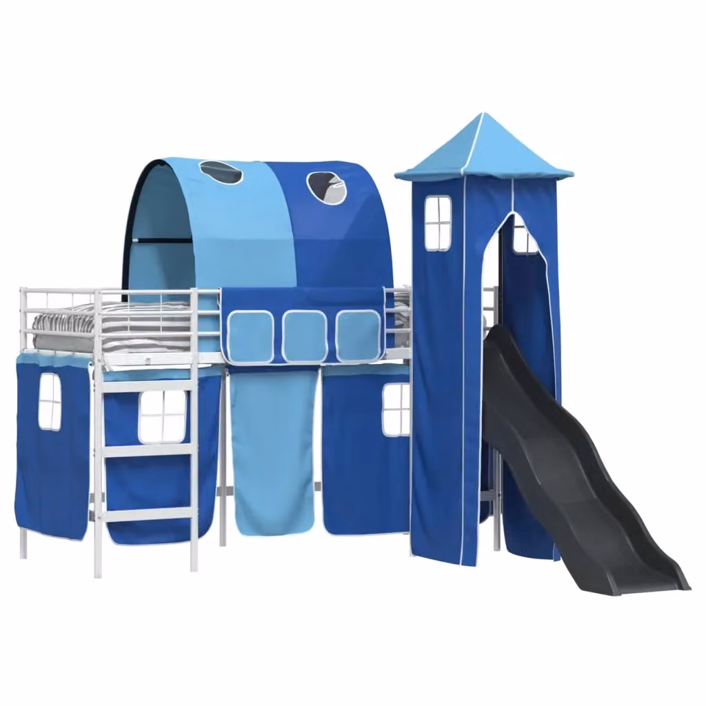 Letto a castello per bambini vidaXL in metallo con struttura a casetta, Bianco, Blu e Nero, L: 194 cm, P: 80 cm, H: 116 cm – 2