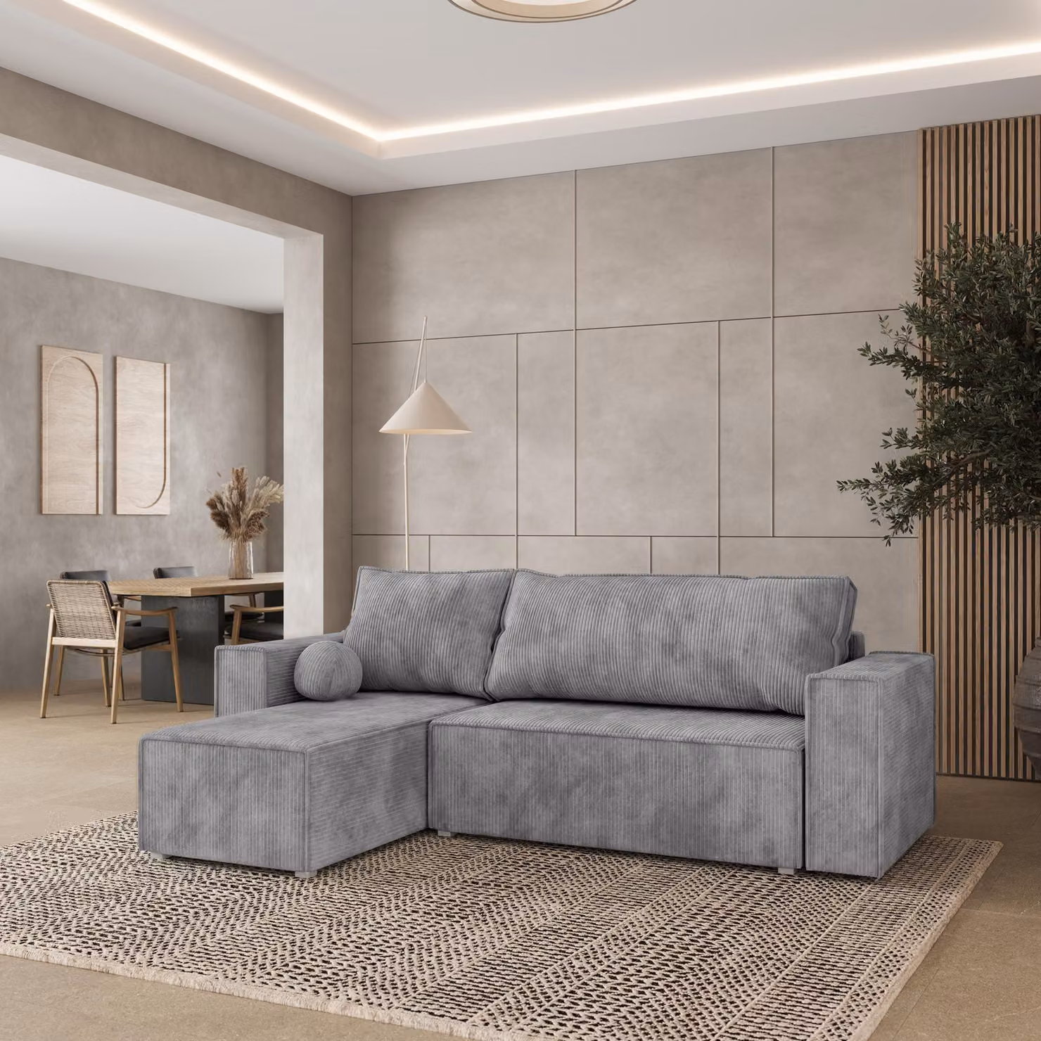 Divano angolare Masseno RAVELO P con funzione letto a L, divano con box letto, divano da salotto, divano, divano, divano letto, set di divani - grigio chiaro, POSO 55