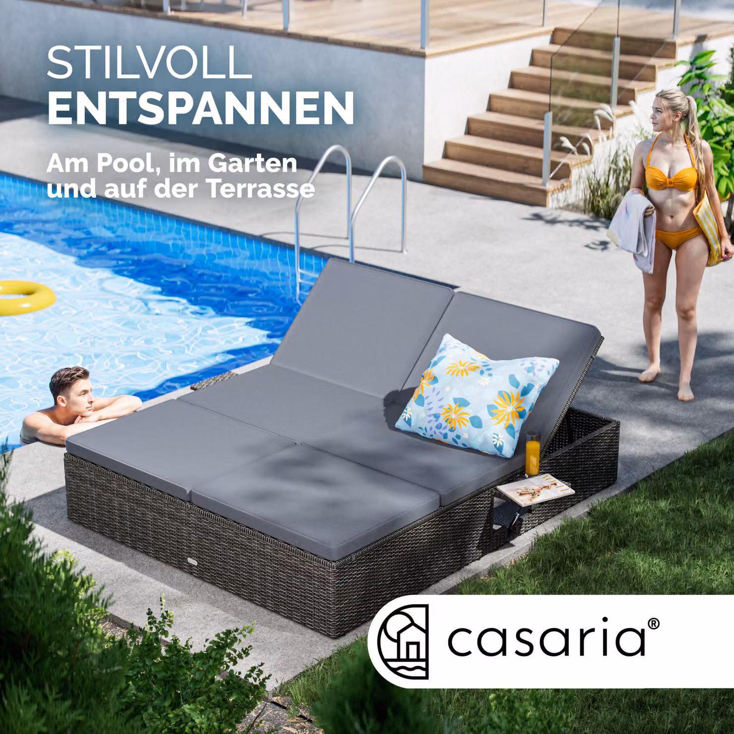 Lettino prendisole Casaria in polyrattan grigio antracite con poggiatesta regolabile e vassoio laterale L/P/H: 200 x 160 x 33 cm – 3