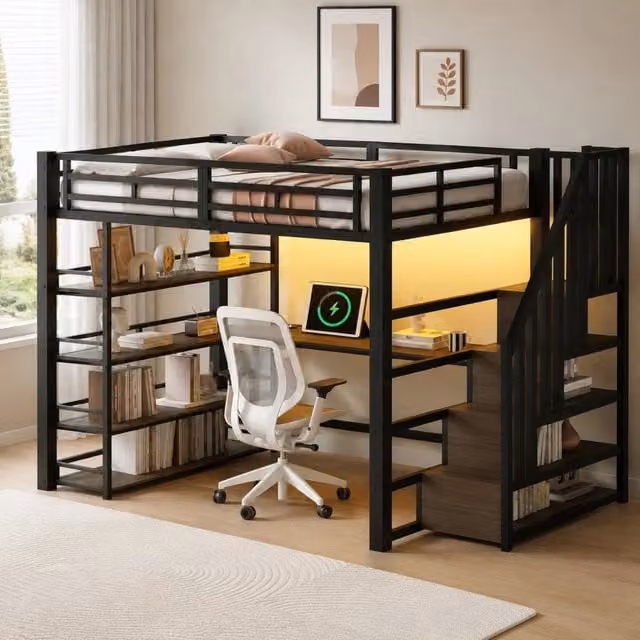 Letto a soppalco ULEVR 140x200 cm con scrivania, scaffale a 4 livelli, gradini contenitore, LED e ricarica USB
