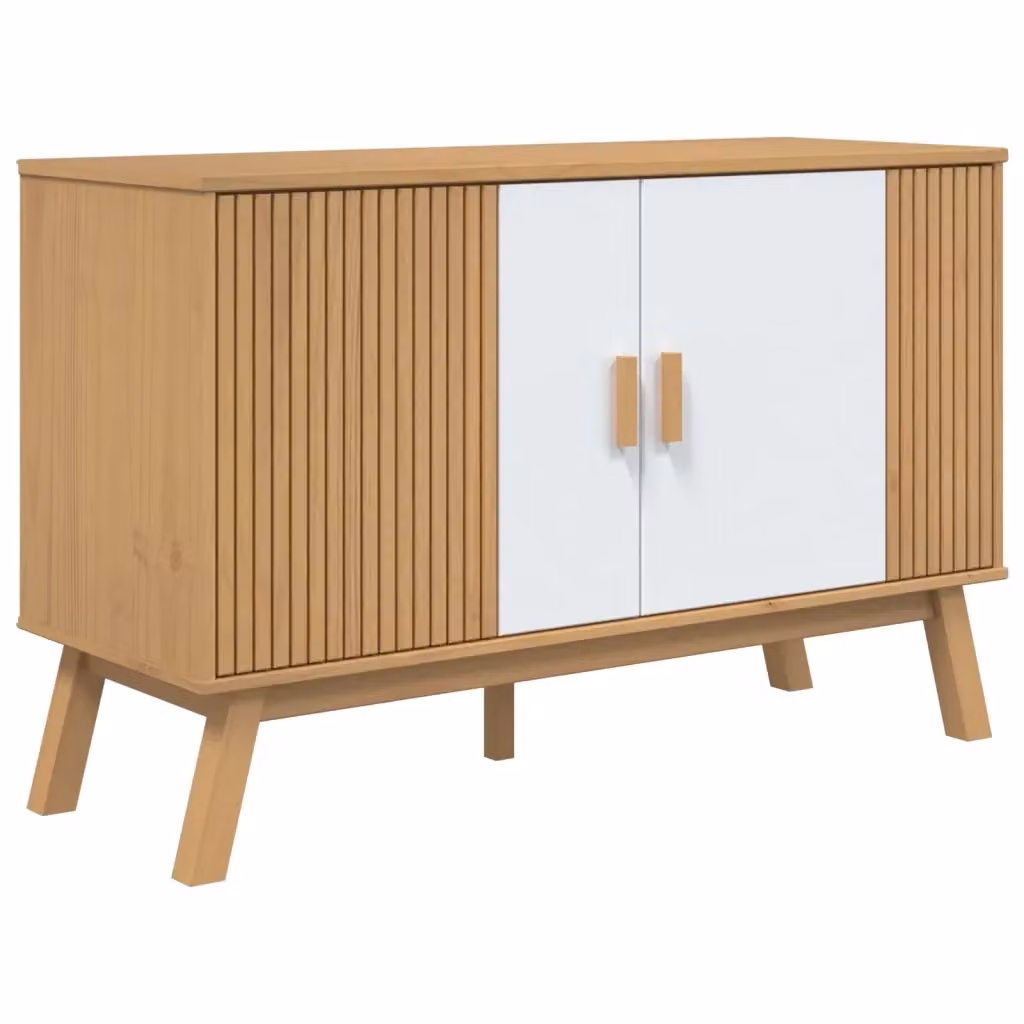 Credenza in legno di pino massello vidaXL stile scandinavo, Bianca e Marrone, L: 114 cm, P: 43 cm, H: 73,5 cm – 2