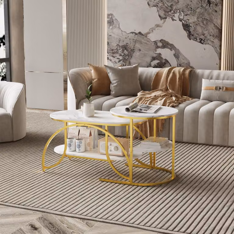 Fortuna Lai set di 2 tavolini, tavolino in marmo con struttura in metallo e ripiano, tavolino da salotto tavolino da divano per soggiorno, camera da letto (bianco + oro)