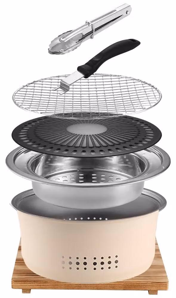 Barbecue a carbonella - Griglia portatile - 10,5 pollici - Acciaio inossidabile - Rivestimento antiaderente - Con pinza per alimenti