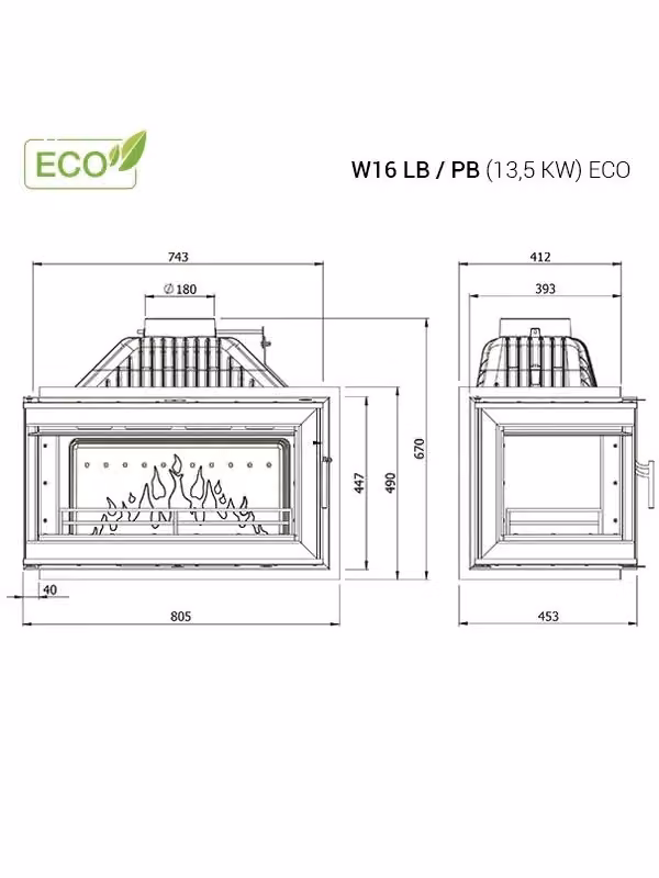 Inserto per stufa a legna OUTINFIRE W16 ECO in ghisa, apertura sinistra, potenza 13,5 KW, colore nero o grigio – 2