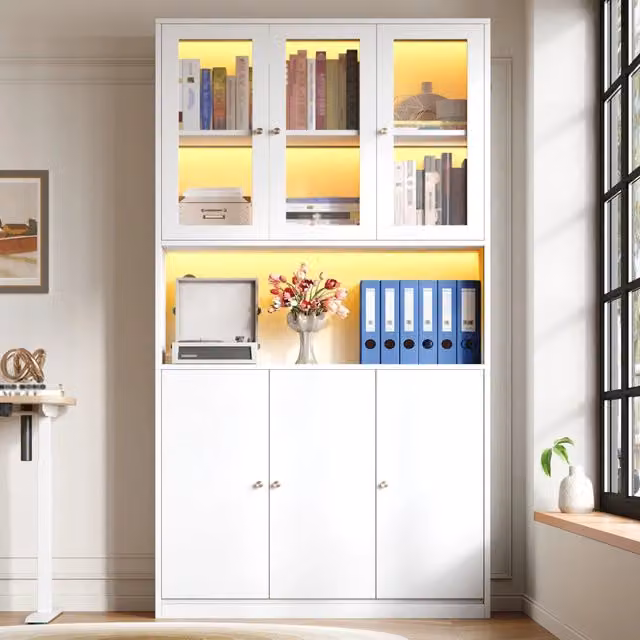 Libreria con vetrina, LED e 3 ante, 1 vano aperto, per soggiorno e studio, in MDF, bianco, 100 × 35 × 200 cm