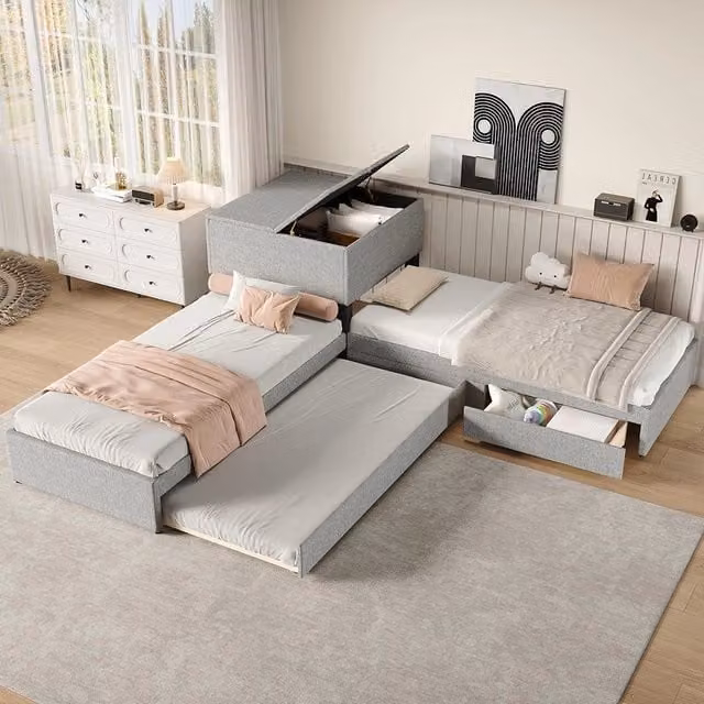 Letto angolare - Xylo - 90x200 cm gigogne lino grigio
