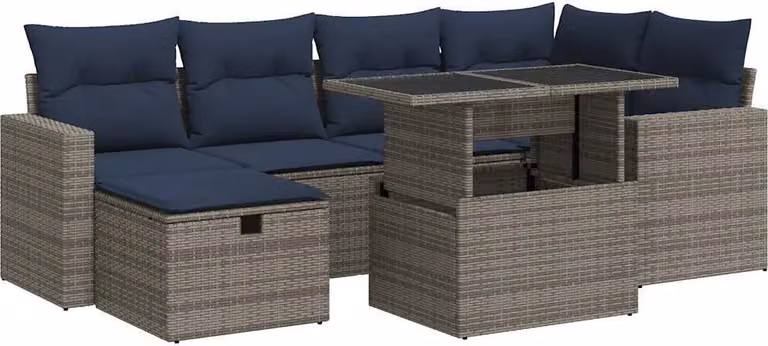 Set Divani Giardino 7 pz con Cuscini Grigio Polyrattan Acacia