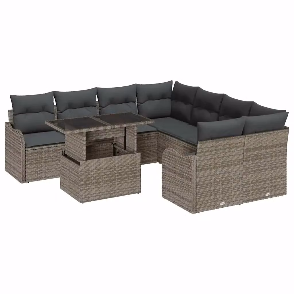 Set Divano da Giardino vidaXL a Forma a U con 9 Pezzi, Grigio, con Cuscini e Tavolino da Caffè – 2