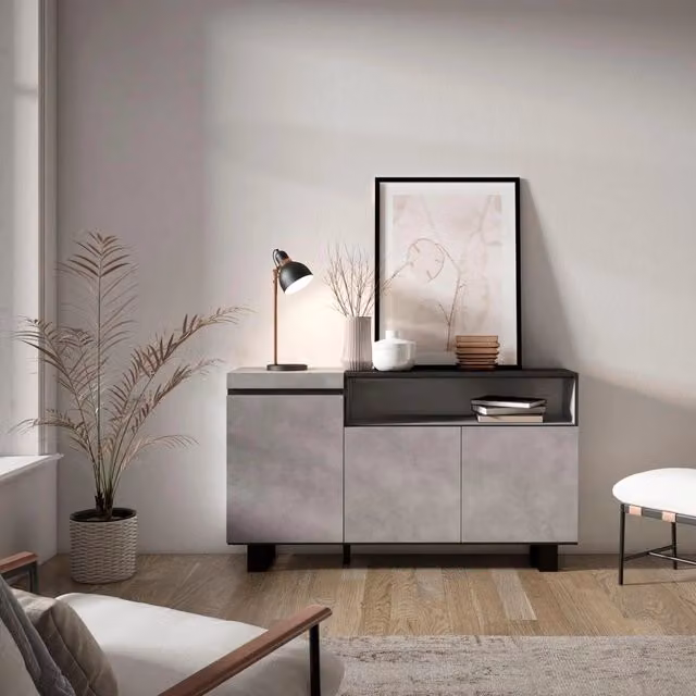 Credenza, Mobile, 150x35x87cm, 3 Porte, Design industriale, grigio cemento RF2497