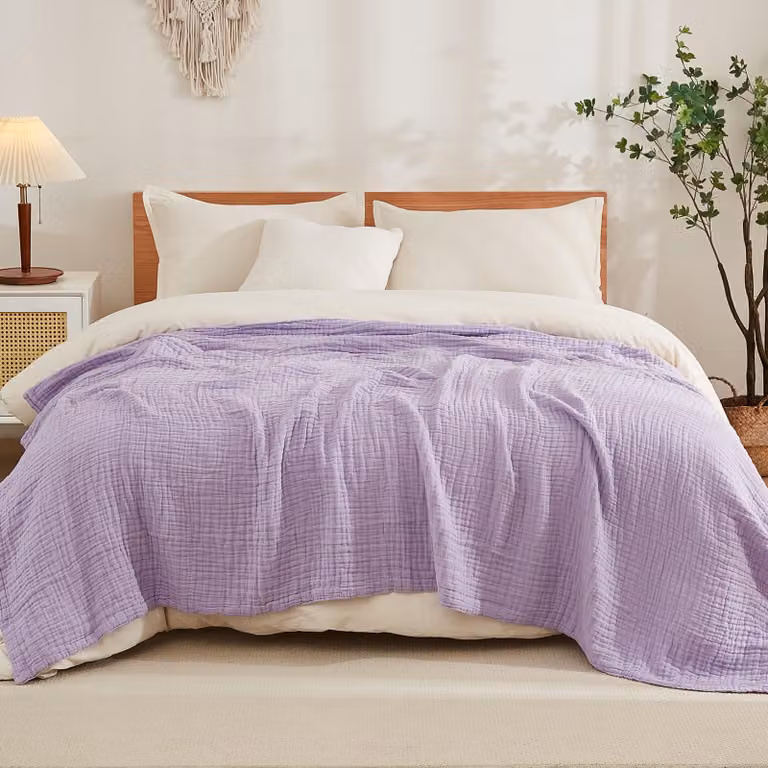 Coperta in mussola, super king size, 305x239 cm, color lavanda, a 4 strati, in cotone