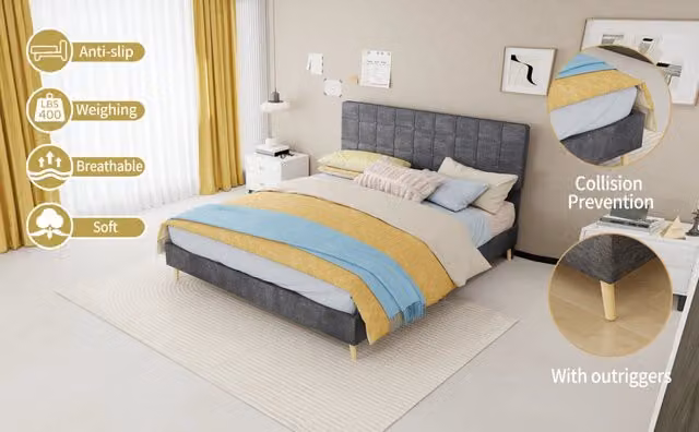 Letto matrimoniale rivestito in tessuto grigio scuro 160x200 cm con testiera trapuntata a quadri, senza materasso