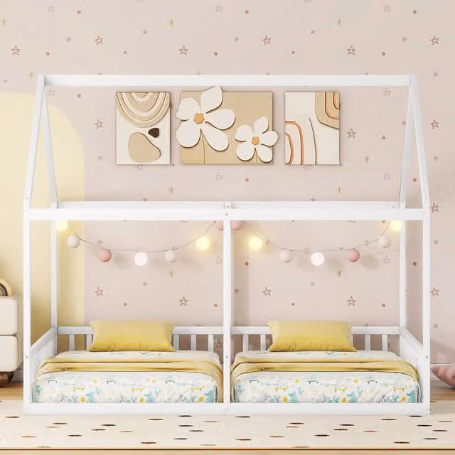Letto a casetta doppio ULEVR 2 in 1 con due reti 90x200 cm, sponde di sicurezza, bianco