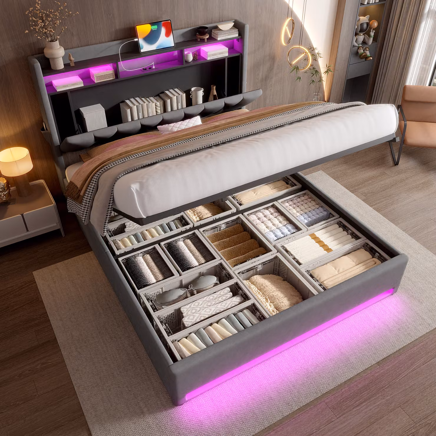 MODFU Letto imbottito 140x200, letto matrimoniale con illuminazione a LED e porta USB, letto per bambini con testiera contenitiva e vano portaoggetti sotto il letto, senza materasso, grigio