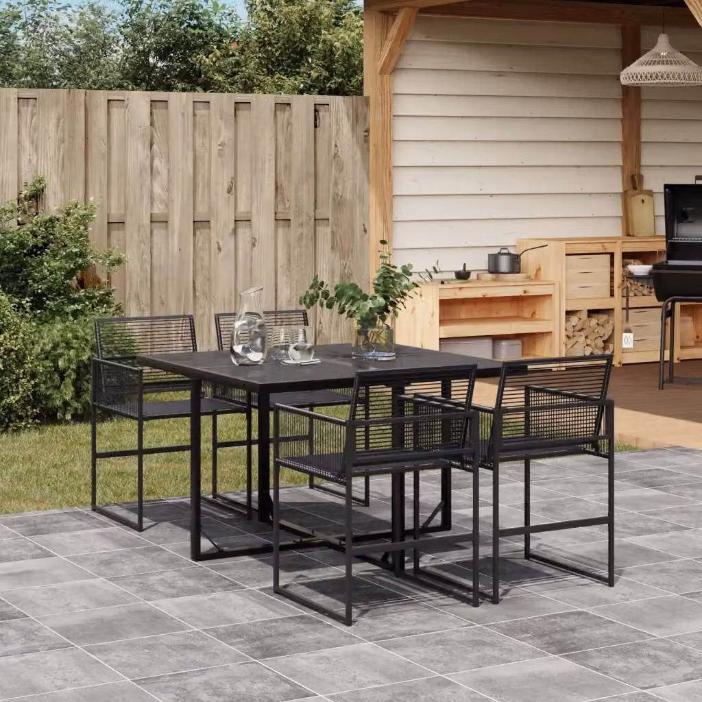 Set da Pranzo da Giardino Moderno in Polyrattan Nero con Piano in Vetro, 5 Pezzi