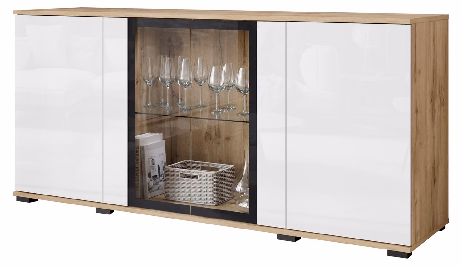 Comò da 150 cm, con vetrina, cassetti e illuminazione LED, finitura wotan/bianco lucido
