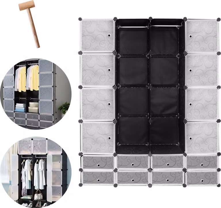 Armadio Jopassy Sistema di scaffalatura fai da te 16+8 scatole Con porta&2 appendiabiti Sistema di scaffalatura plug-in Nero Armadi H.180cm con stampa