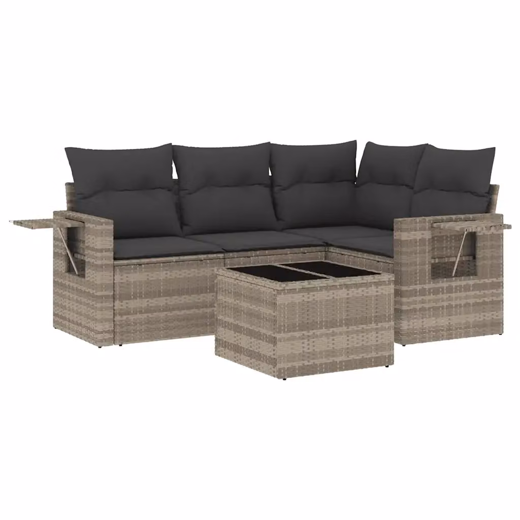 vidaXL Set Divano da Giardino 5pz a Forma di L in Polyrattan con Cuscini Grigio Chiaro e Tavolino – 2