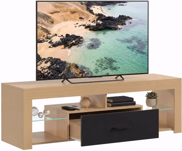 Mobile TV 140 cm per TV Fino a 65 Pollici con Ripiani in Vetro Regolabili e Cassetto Mobile Porta TV Salotto Rovere