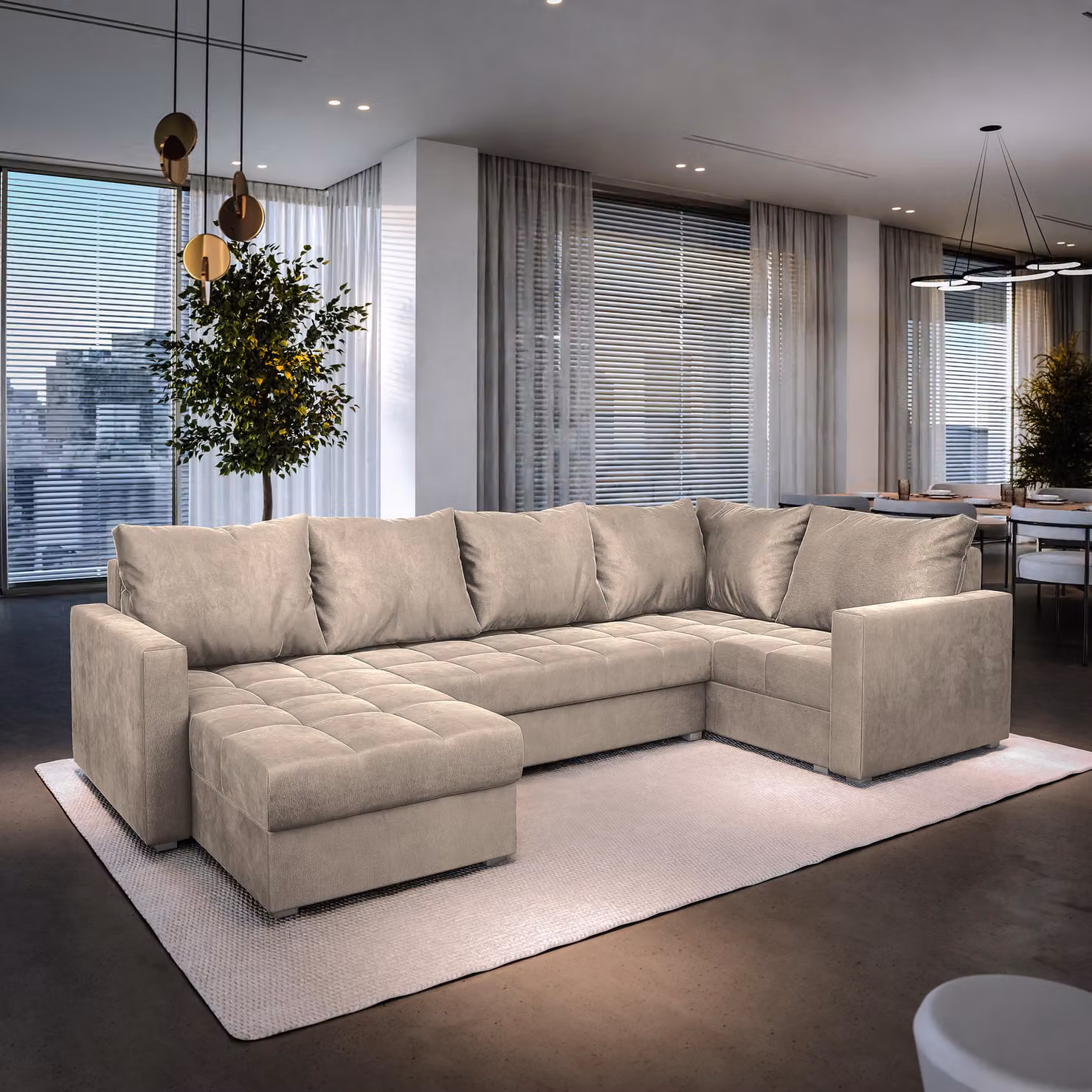 Divano angolare Masseno LORIVO R-S con funzione letto a U, divano con box letto, divano da soggiorno, divano, divano letto, set di divani - beige, PAROS 02