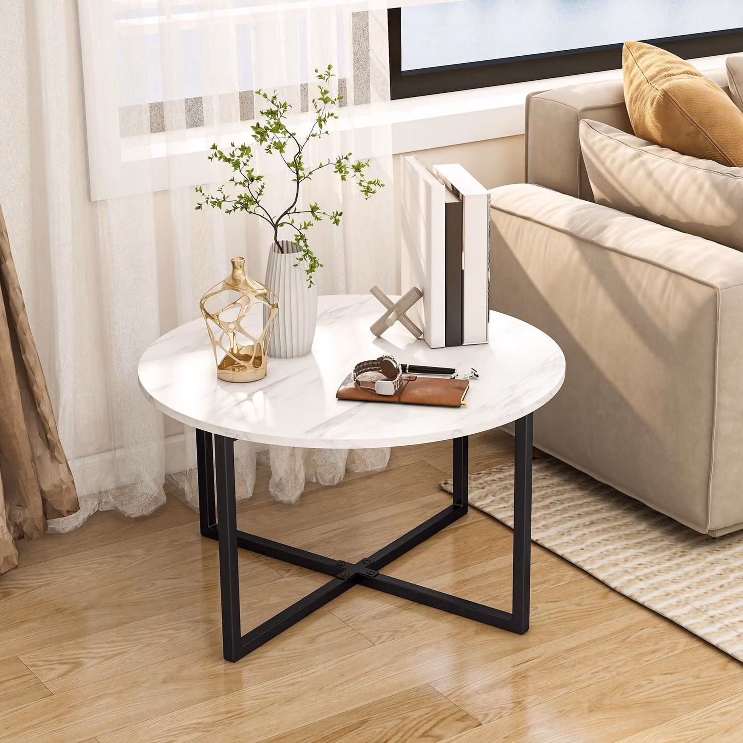 Solidchoice - Tavolino rotondo in metallo e legno, ideale per il soggiorno