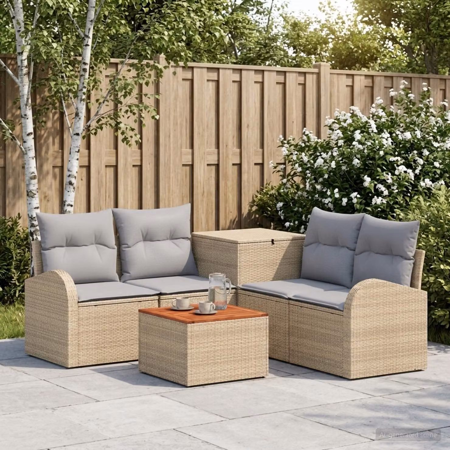 Set di divani da giardino vidaXL 6 pezzi con tavolino e pouf, design moderno a L, beige e grigio multicolore