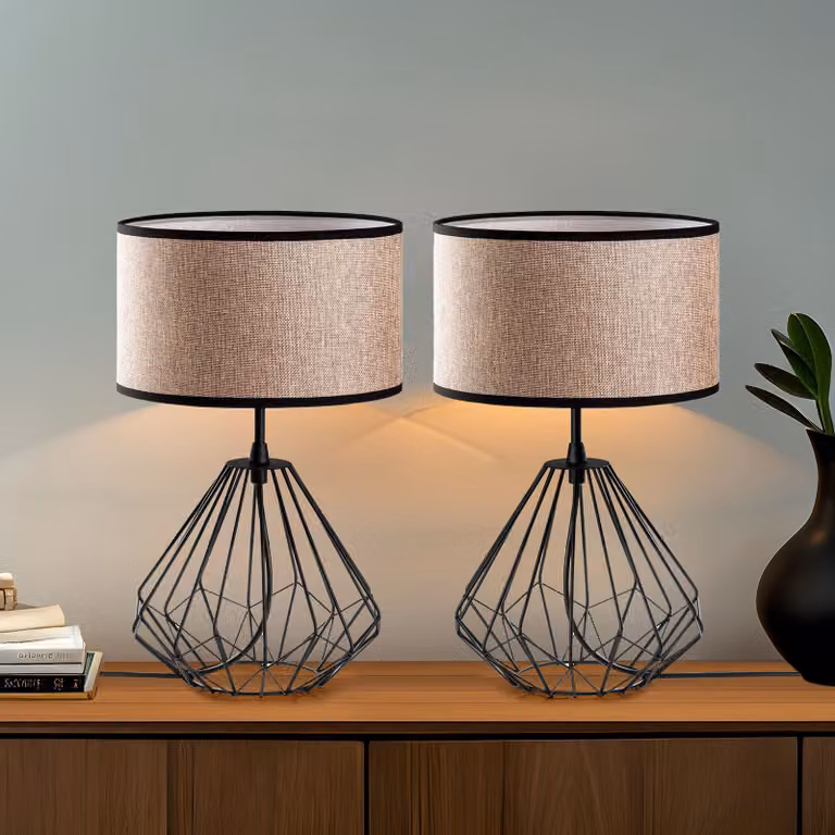 Opviq, set di lampade da tavolo di alta qualità (2 pezzi), nero, 25 x 25 x 43 cm | Struttura in metallo, paralume in tessuto, cavo da 200 cm, attacco E27, IP20 | Perfette per gli interni moderni e il design industriale.