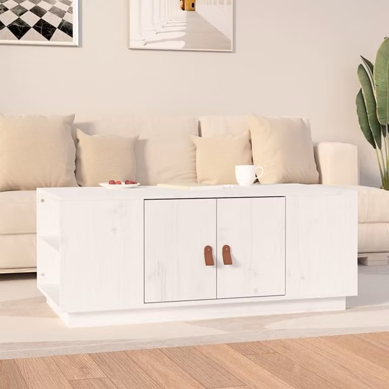 The Living Store Tavolino bianco 100x50x41 cm in legno di pino massiccio