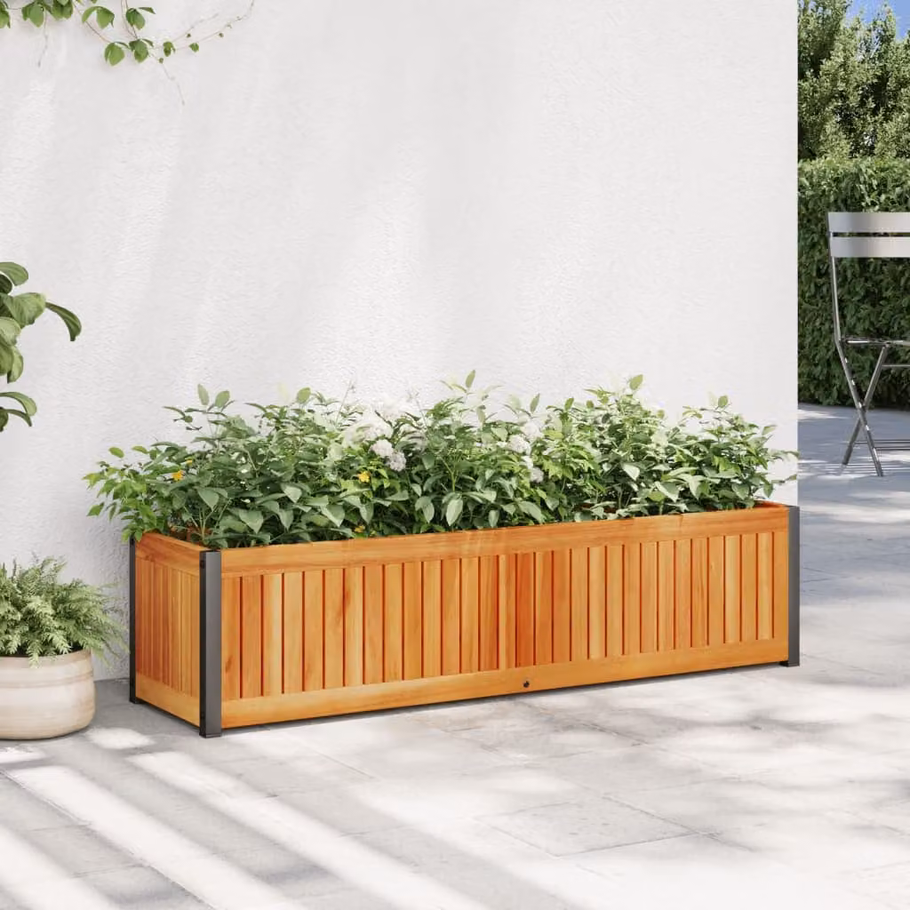 Fioriera da giardino vidaXL in legno di acacia e acciaio, colore marrone, L 110 cm x P 30 cm x H 27,5 cm