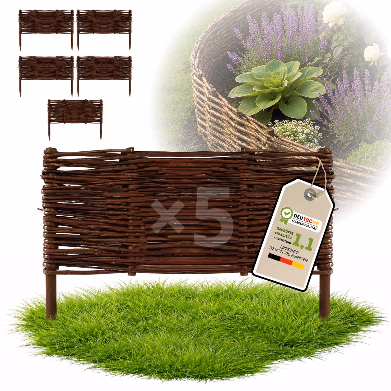 Floranica 5 pezzi Recinzione in vimini 30 cm x 50 cm – Staccionata da giardino intrecciata Palizzata Recinzione naturale Bordo aiuola