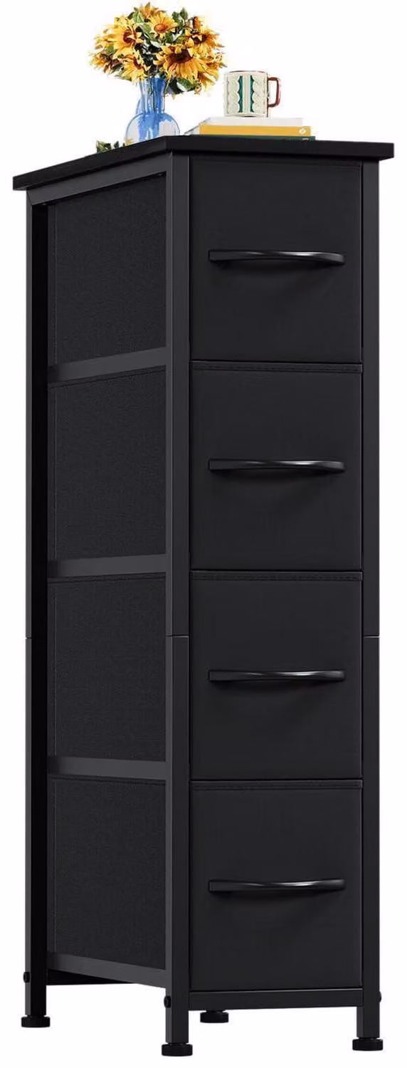 Comodino con 4 cassetti rivestiti in tessuto, colore nero, dimensioni 48x20x75 cm