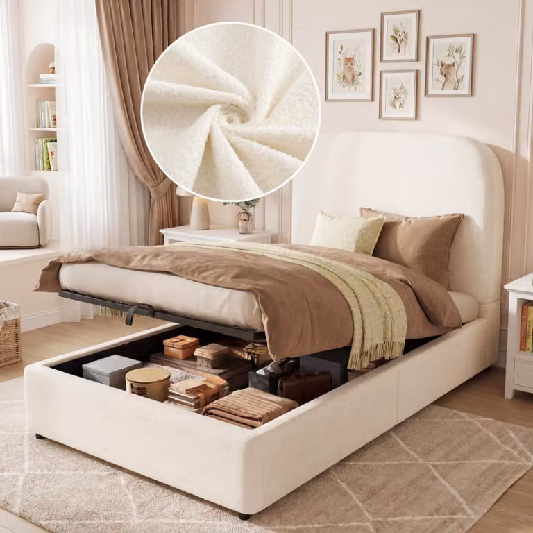 Letto imbottito idraulico Flieks 90x200 cm con contenitore, letto per ragazzi/bambini, letto singolo con testiera e rete a doghe, letto contenitore Bouclé, beige