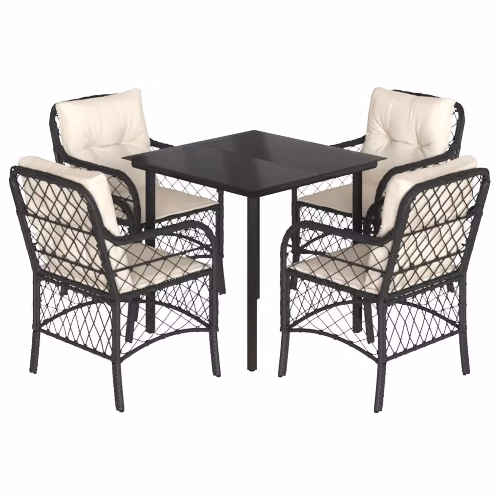 Set da Pranzo da Giardino vidaXL in Polyrattan Nero con Cuscini e Tavolo in Vetro – 2