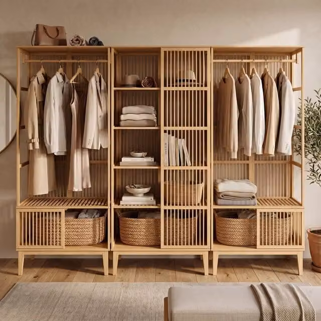 Set Organizzatore Guardaroba en.casa in Bambù Beige con 2 Armadi Aperti e 1 Scaffale – 1