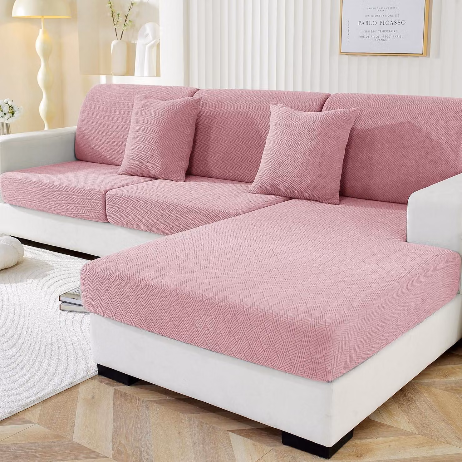 Copertura elastica per cuscini del divano componibile, rosa, per 1 posto * 3 posti + chaise longue, antiscivolo