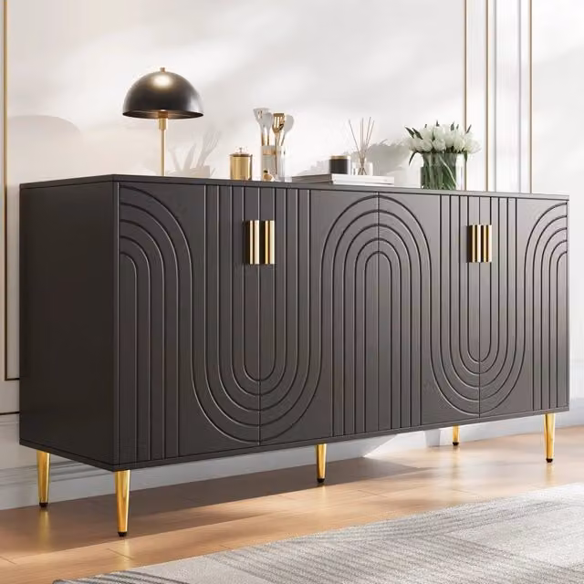 Credenza in MDF nera con ante ondulate; maniglie e piedi dorati per sala da pranzo 152 × 40 × 75 cm