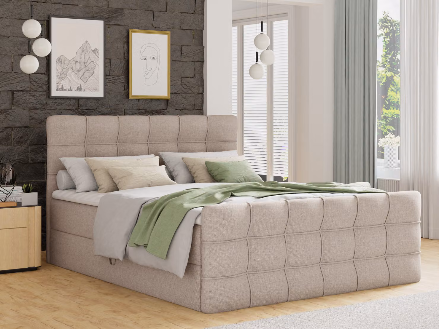 Letto boxspring Best Lux con pediera, 2 contenitori, materasso Bonell e topper (beige (Inari 22), 140 x 200 cm)