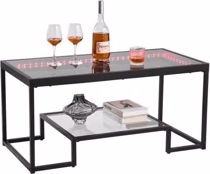 VEVOR Tavolino da Caffè Rettangolare con Due Livelli in Vetro e Metallo Nero per Soggiorno e Ufficio L: 100 cm, P: 51 cm, H: 48 cm