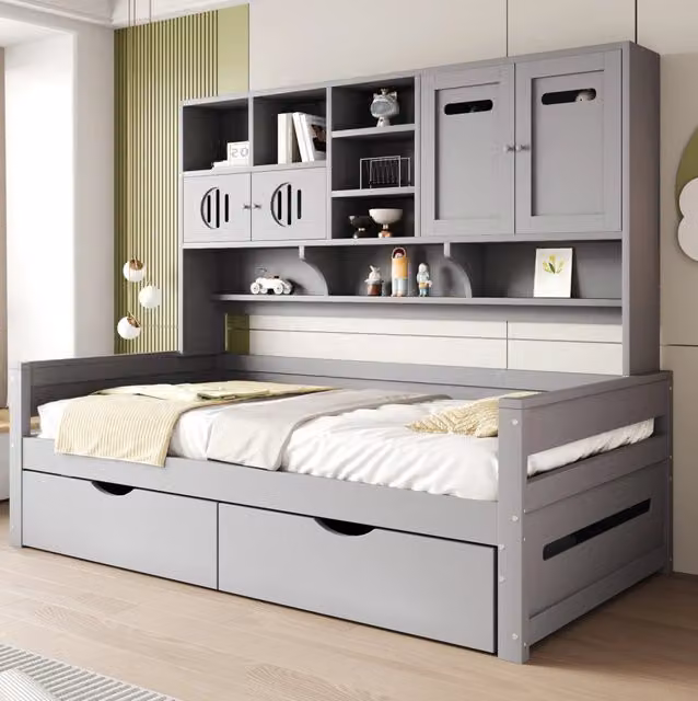 Letto singolo multifunzionale per materasso 90 x 200 cm con cassetti e vani contenitore; legno di pino; grigio