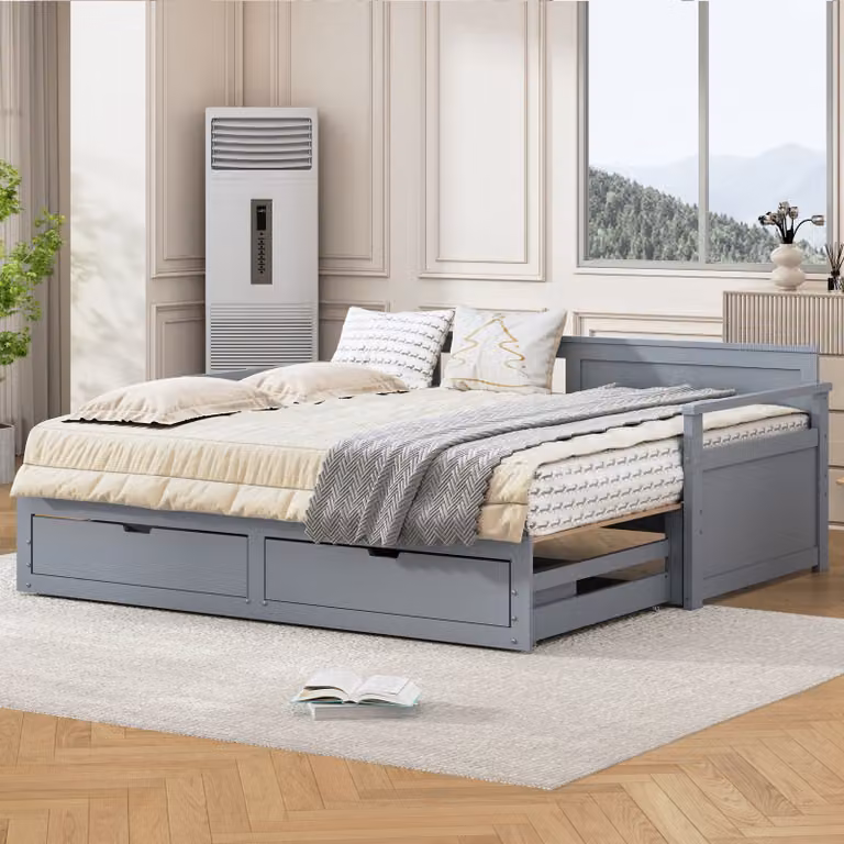 Flieks divano letto 90x190cm con letto estraibile, letto classico in legno con 2 cassetti, letto per ragazzi con rete a doghe, divano letto da giorno, grigio