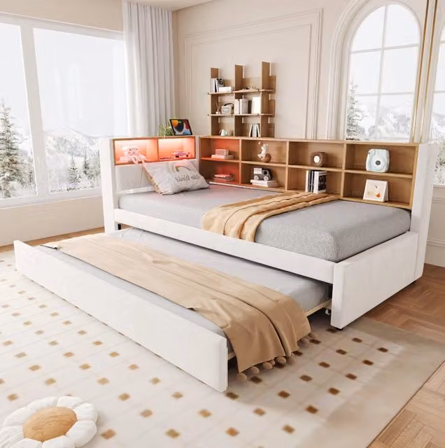 Divano letto 90x200 cm beige in flanella, con letto estraibile e LED