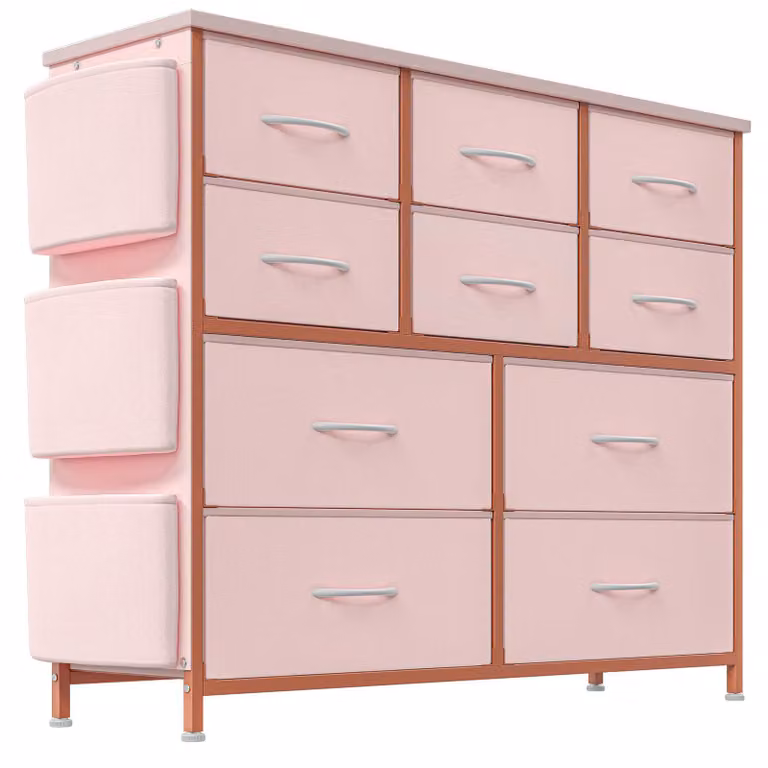 Comodino con cassetti, mobiletto laterale, versatile, capiente, colore rosa, realizzato in materiale composito di legno (MDF/pannello truciolare), struttura in metallo robusta, resistente.