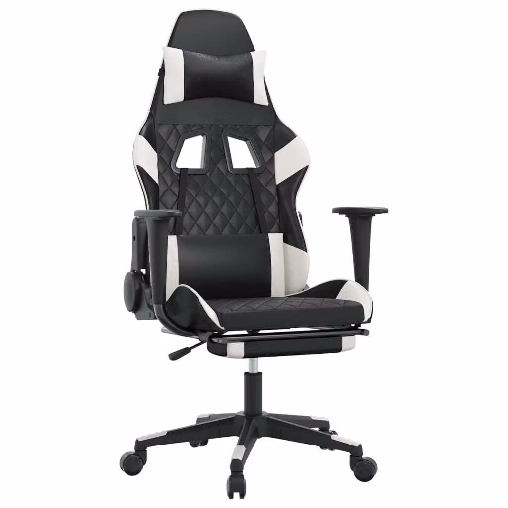 Sedia da Gaming con Poggiapiedi Nero e Bianco in Pelle finta