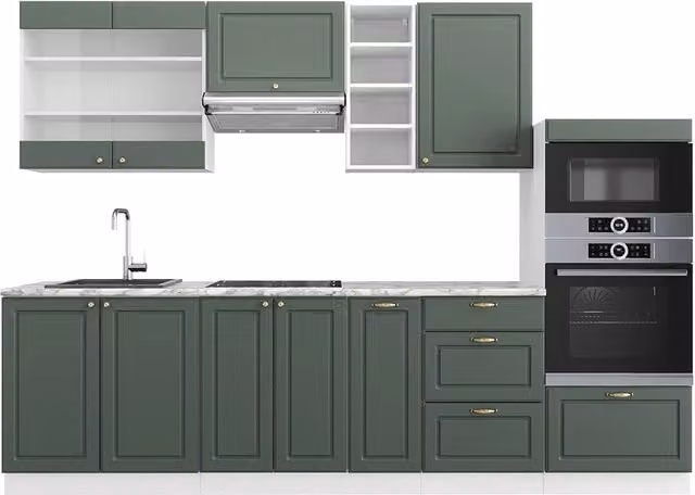 Cucina componibile Fame-Line Vicco in stile country house, Verde-oro rustico e Bianco, L: 280 cm – 1