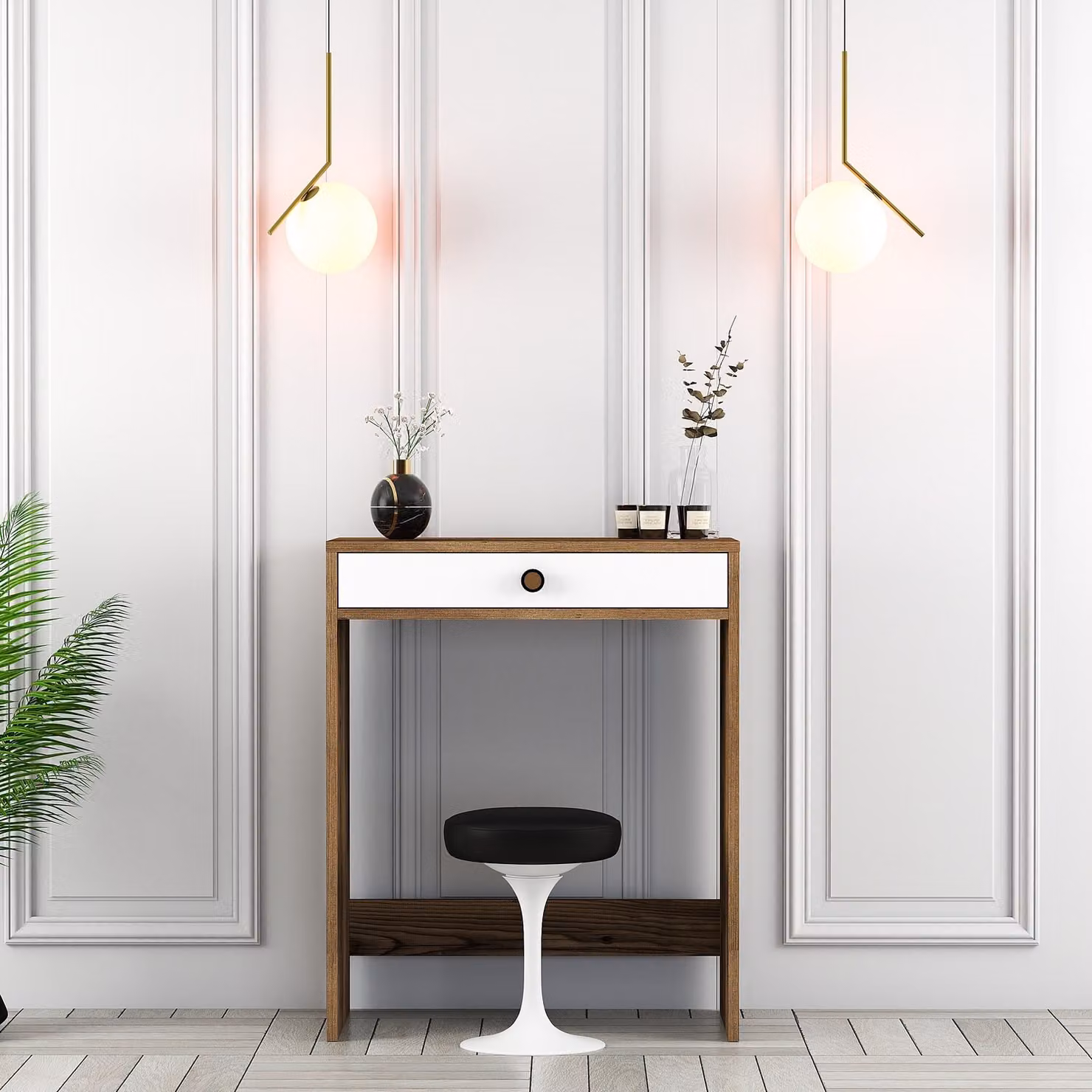 Skye Decor, Lizbon - Noce, Bianco, tavolino da toilette, noce, 100 % pannello di legno rivestito di melamina, 70 x 84,7 x 40 cm