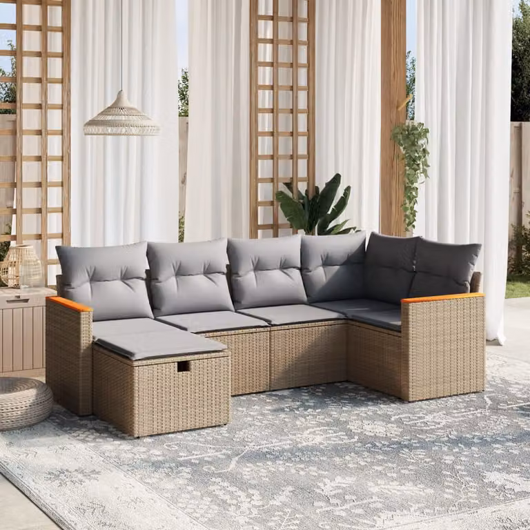 vidaXL Set Divano da Giardino a L 6 pz con Cuscini Beige e Grigio in Polyrattan e Acciaio