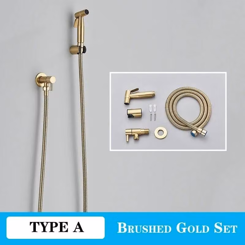 Doccia per bidet da fissare al WC - Shattaf da montare a parete - Rubinetto per acqua fredda - Acciaio inossidabile - Getto orizzontale - Finitura dorata spazzolata, tipo A