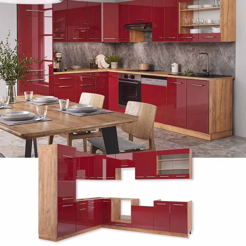 Cucina angolare completa Vicco Fame-Line Bordeaux lucido e Rovere dorato L: 287 cm, H: 227 cm, senza piano di lavoro – 2