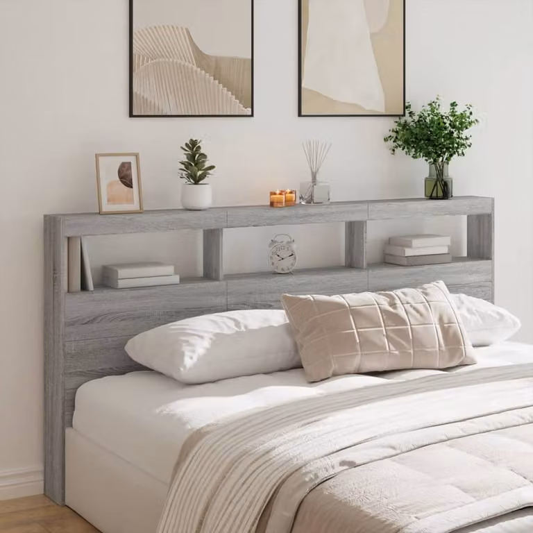 Testiera con contenitore e illuminazione LED vidaXL, Grigio Sonoma, L: 200 cm, P: 17 cm, H: 102 cm