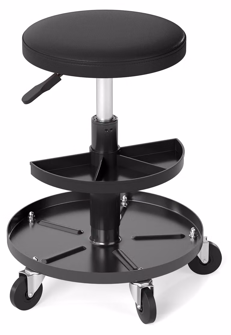 Sgabello da officina COSTWAY con 2 ripiani porta-attrezzi e 5 ruote, sgabello girevole regolabile in altezza da 42 a 56 cm, sgabello imbottito per officina