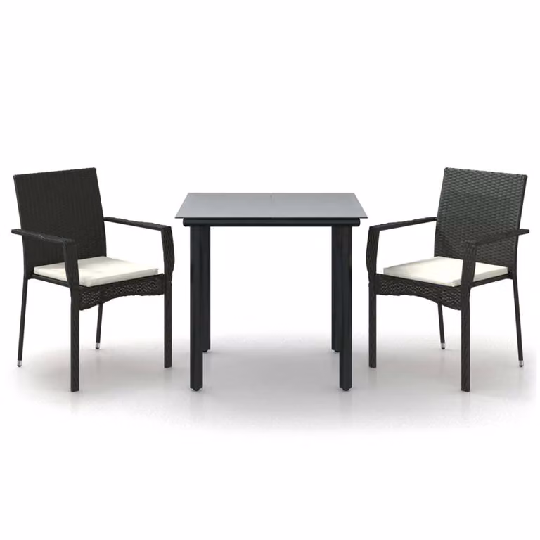 Set da Pranzo da Giardino 3 pz con Cuscini Nero in Polyrattan